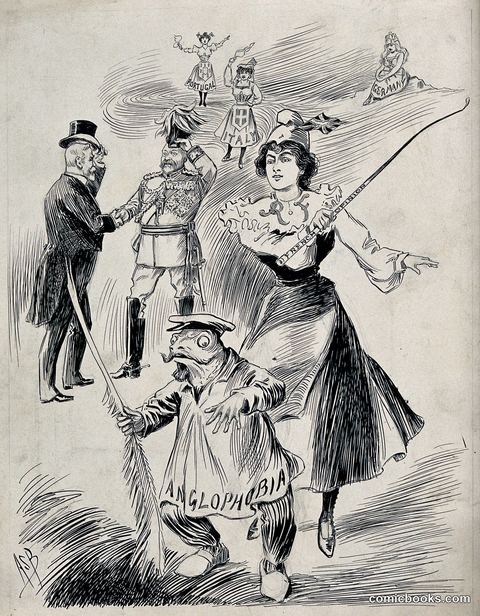 A Frenchwoman chasing a giant frog called Anglophobia
