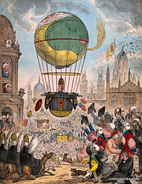 A Large Balloon Flies Over a Town Crowded with People