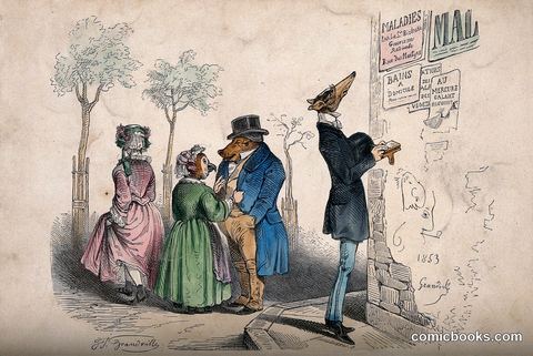 Animals dressed as gentlemen and ladies survey the medical advertisements on a wall