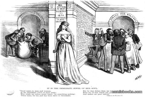 Columbia between thieves and scandal (Nast cartoon, 1872)