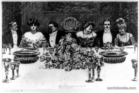 Studies in Expression: Showing a Newly Engaged Couple at a Large Dinner Party
