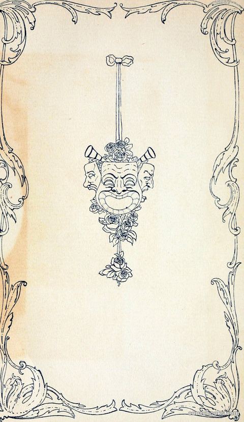 Decorative Frontispiece: Comedy Masks with Roses and Trumpets