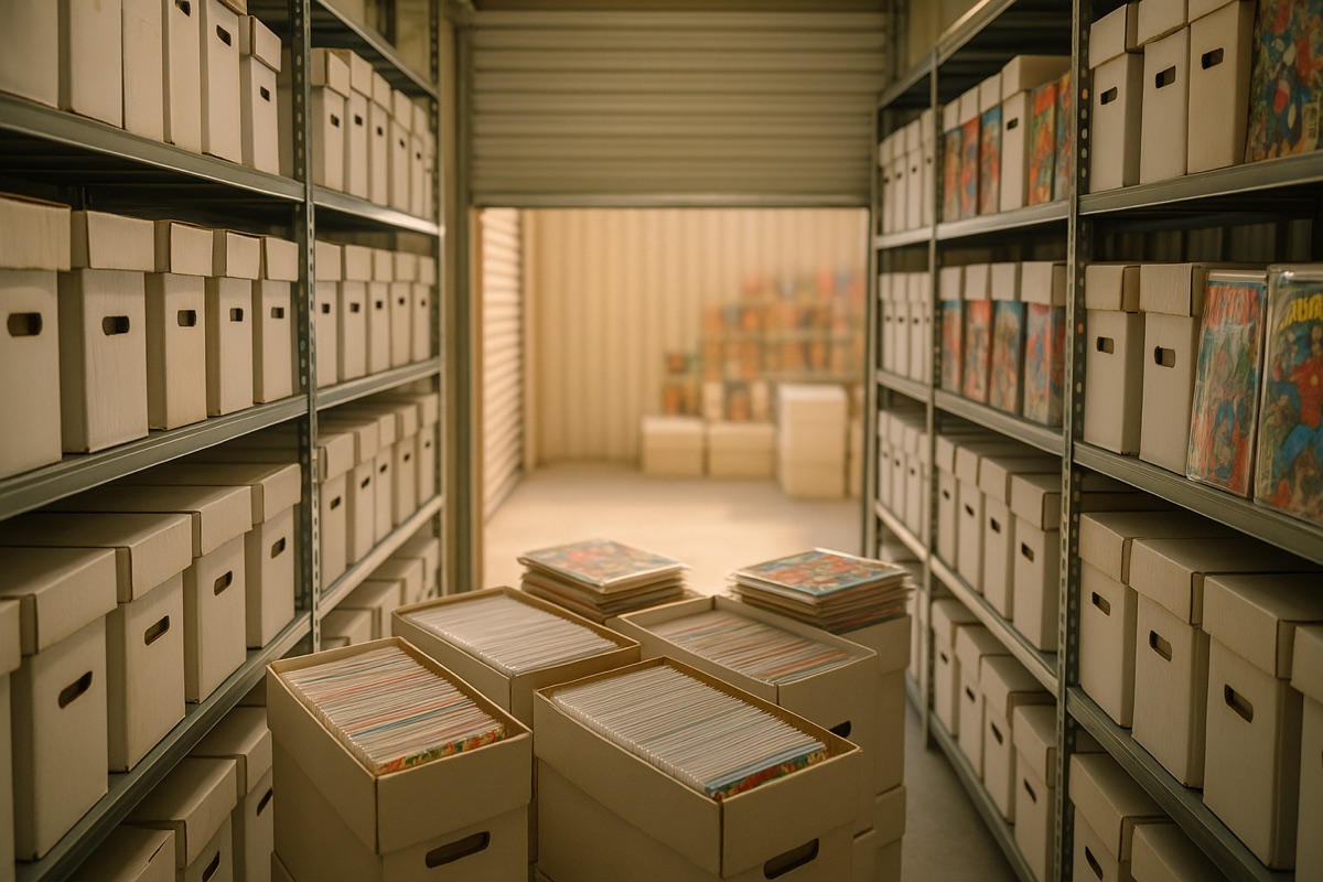 A storage unit filled with long boxes of comic books